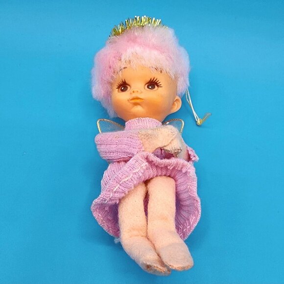 Vintage Pink Hair Pixie Angel Ornament Knee Hugger Tulle Wings Gold Japan 1960s - Picture 10 of 12